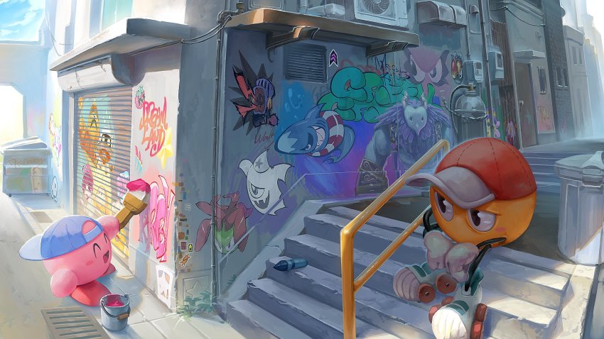adeleine, backwards_hat, baseball_cap, character_request, chef_kawasaki, como_(kirby), ghost, glunk_(kirby), gobbler_(kirby), graffiti, hat, highres, innertube, jigumo_(6zzyag), kirby, kirby:_planet_robobot, kirby_star_allies, kirby_(series), kirby_64, maxim_tomato, nintendo, paint_roller_(kirby), shark, sitting, stairs, susie_(kirby), sweatdrop, swim_ring, taranza, tedhaun, trash_can, void_termina, waddle_dee, walky, wheelie_(kirby)