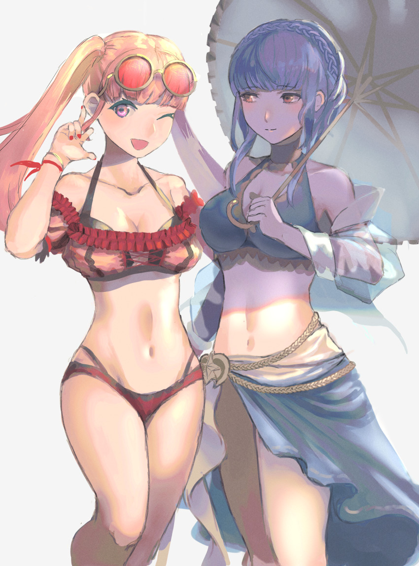 2girls, ;d, absurdres, alternate_costume, bikini, blue_bikini, blue_hair, blunt_bangs
