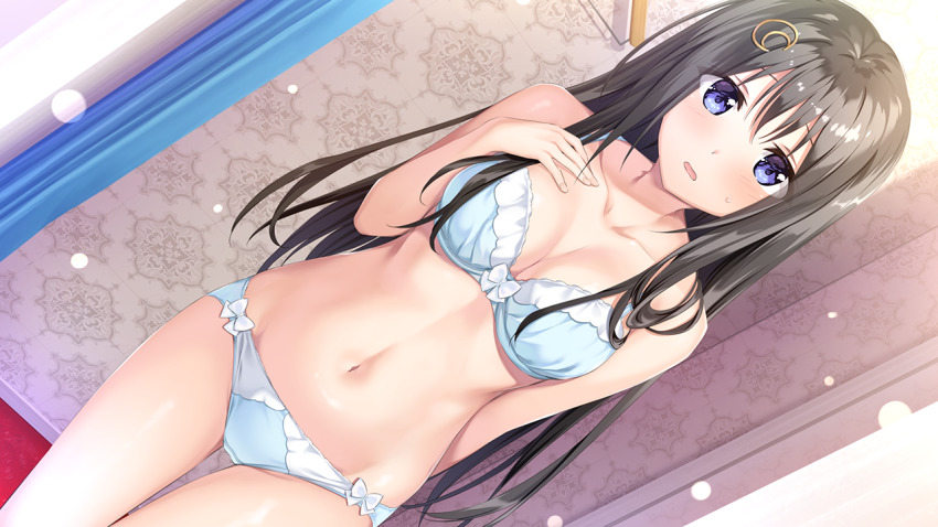 1girl, aikotoba, arm_behind_back, azarashi_soft, black_hair, blue_bra, blue_eyes, blue_panties, blush, bow, bow_bra, bow_panties, bra, breasts, cleavage, collarbone, cowboy_shot, crescent, crescent_hair_ornament, dutch_angle, eyelashes, game_cg, hair_between_eyes, hair_ornament, indoors, kinoshita_uzuki, long_hair, medium_breasts, navel, open_mouth, oryo_(oryo04), panties, solo, standing, straight_hair, sweatdrop, thigh_gap, underwear, underwear_only, very_long_hair, wavy_mouth, white_bow