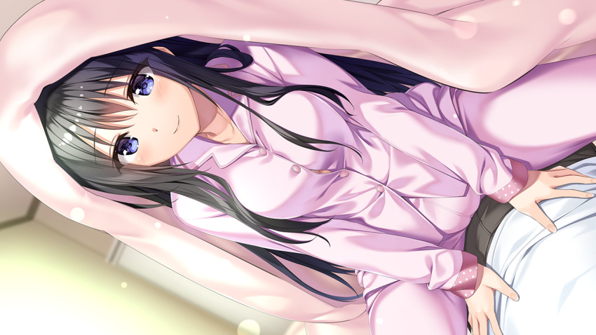 1boy, 1girl, aikotoba, azarashi_soft, black_hair, black_pants, blue_eyes, blurry