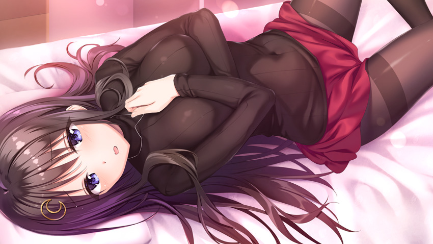 1girl, aikotoba, azarashi_soft, bed_sheet, black_pantyhose, blue_eyes, blue_sweater, breasts, brown_hair, covered_navel, crescent, crescent_hair_ornament, eyelashes, game_cg, hair_between_eyes, hair_ornament, indoors, kinoshita_uzuki, long_hair, long_sleeves, looking_at_viewer, lying, medium_breasts, miniskirt, on_back, on_bed, open_mouth, oryo_(oryo04), pantyhose, red_skirt, shiny_clothes, shiny_legwear, skirt, solo, straight_hair, sweater, thighband_pantyhose, very_long_hair
