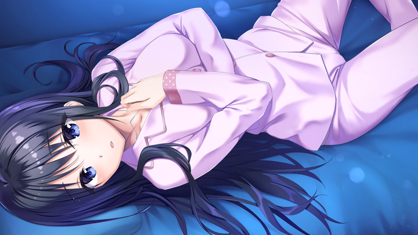 1girl, aikotoba, azarashi_soft, bed_sheet, black_hair, blue_eyes, breasts, collarbone