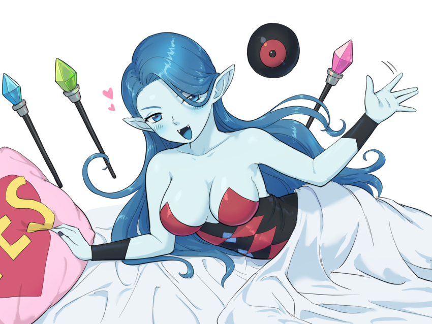 1girl, :d, argyle_clothes, argyle_dress, arinsu_(kodamamaimai), bare_shoulders, bed_sheet, blue_eyes