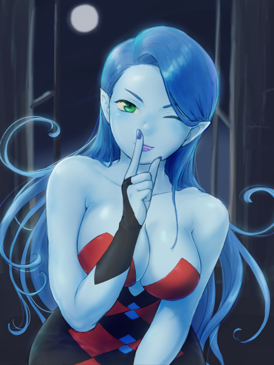 1girl, argyle_clothes, argyle_dress, arinsu_(kodamamaimai), bare_shoulders, black_gloves, blue_hair, blue_skin