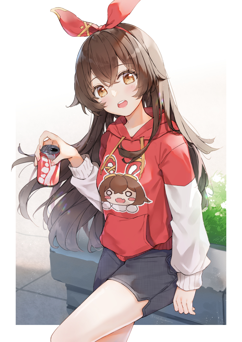 2girls, :d, absurdres, alternate_costume, amber_(genshin_impact), animal_ears, baron_bunny_(genshin_impact), blush, brown_hair, can, chilia012, cola, genshin_impact, hair_between_eyes, highres, hood, hoodie, long_hair, long_sleeves, looking_at_viewer, multiple_girls, open_mouth, rabbit_ears, red_hoodie, shorts, smile, two-tone_hoodie, white_hoodie