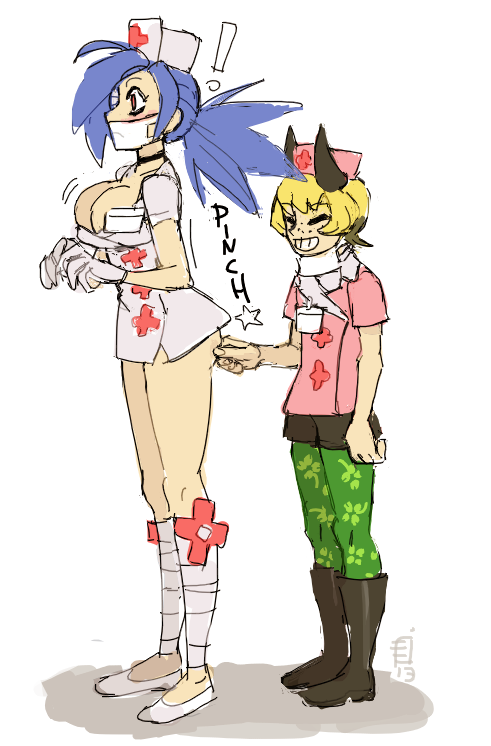 !, 2girls, ass, ass_grab, blonde_hair, blue_hair, blush, boots