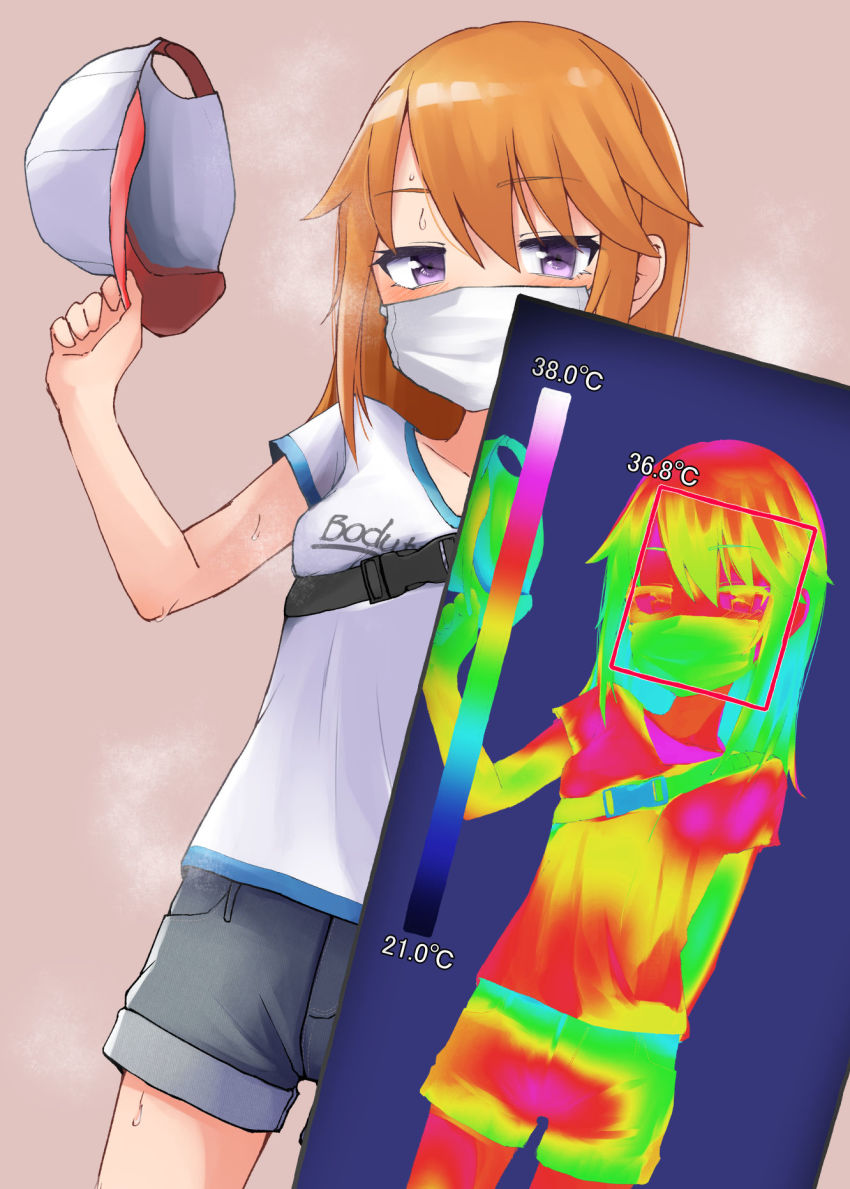 1girl, akita_chika, baseball_cap, breasts, hat, highres, holding, holding_unworn_clothes, holding_unworn_hat, idolmaster, idolmaster_cinderella_girls, infrared, long_hair, mask, mouth_mask, orange_hair, purple_eyes, short_shorts, shorts, simple_background, small_breasts, solo, surgical_mask, sweat, thermal_imaging, thermography, unworn_hat, unworn_headwear, yuuki_haru
