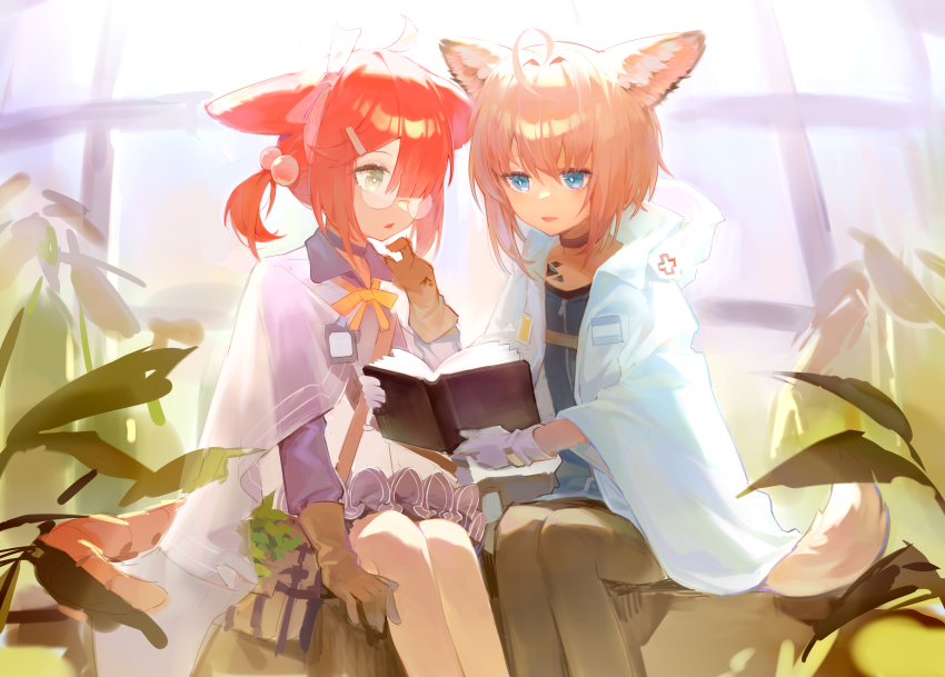 2girls, absurdres, ahoge, animal_ears, arknights, auuuie, bauble, black_choker