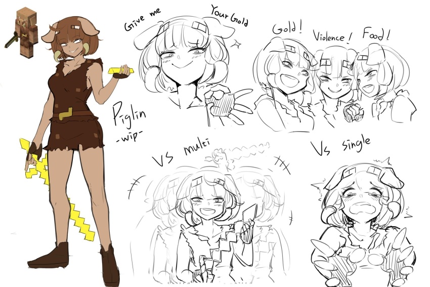 6+girls, animal_ears, at2., blush, breasts, brown_gloves, cleavage, dark-skinned_female, dark_skin, fingerless_gloves, flat_color, gloves, gold_bar, grin, highres, holding, holding_sword, holding_weapon, kbs_trio, large_breasts, manatsu_no_yo_no_inmu, minecraft, multiple_girls, multiple_views, parted_lips, personification, pig_ears, pig_girl, piglin, short_hair, smile, sword, teeth, unfinished, weapon