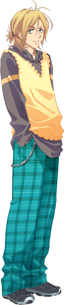 1boy, armlet, blonde_hair, carnelian, chain, full_body, green_eyes, hands_in_pockets