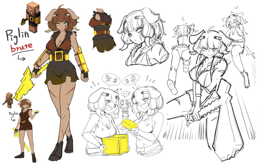 6+girls, animal_ears, at2., blush, breasts, brown_gloves, cleavage, dark-skinned_female, dark_skin, dollar_sign, fingerless_gloves, flat_color, gloves, gold_bar, grin, highres, holding, holding_sword, holding_weapon, large_breasts, minecraft, multiple_girls, multiple_views, parted_lips, personification, pig_ears, pig_girl, piglin, piglin_brute, short_hair, smile, speech_bubble, spoken_dollar_sign, spoken_money, sword, teeth, weapon