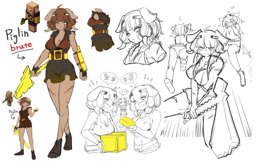 6+girls, animal_ears, at2., blush, breasts, brown_gloves, cleavage, dark-skinned_female, dark_skin, dollar_sign, fingerless_gloves, flat_color, gloves, gold_bar, grin, highres, holding, holding_sword, holding_weapon, large_breasts, minecraft, multiple_girls, multiple_views, parted_lips, personification, pig_ears, pig_girl, piglin, piglin_brute, revision, short_hair, smile, speech_bubble, spoken_dollar_sign, spoken_money, sword, teeth, weapon