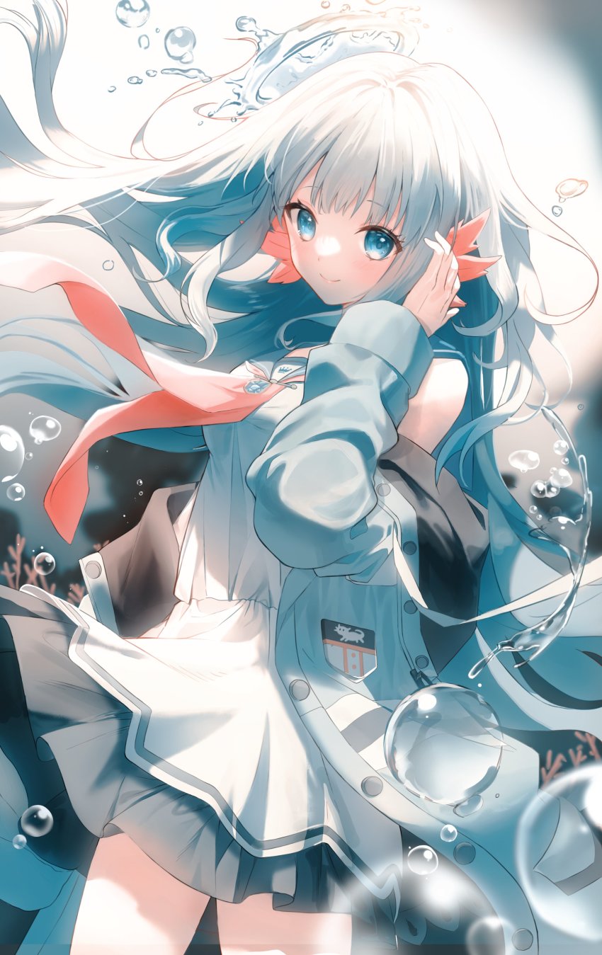 1girl, absurdres, blue_eyes, blue_jacket, blush, bubble, cherry_gomm, floating_hair