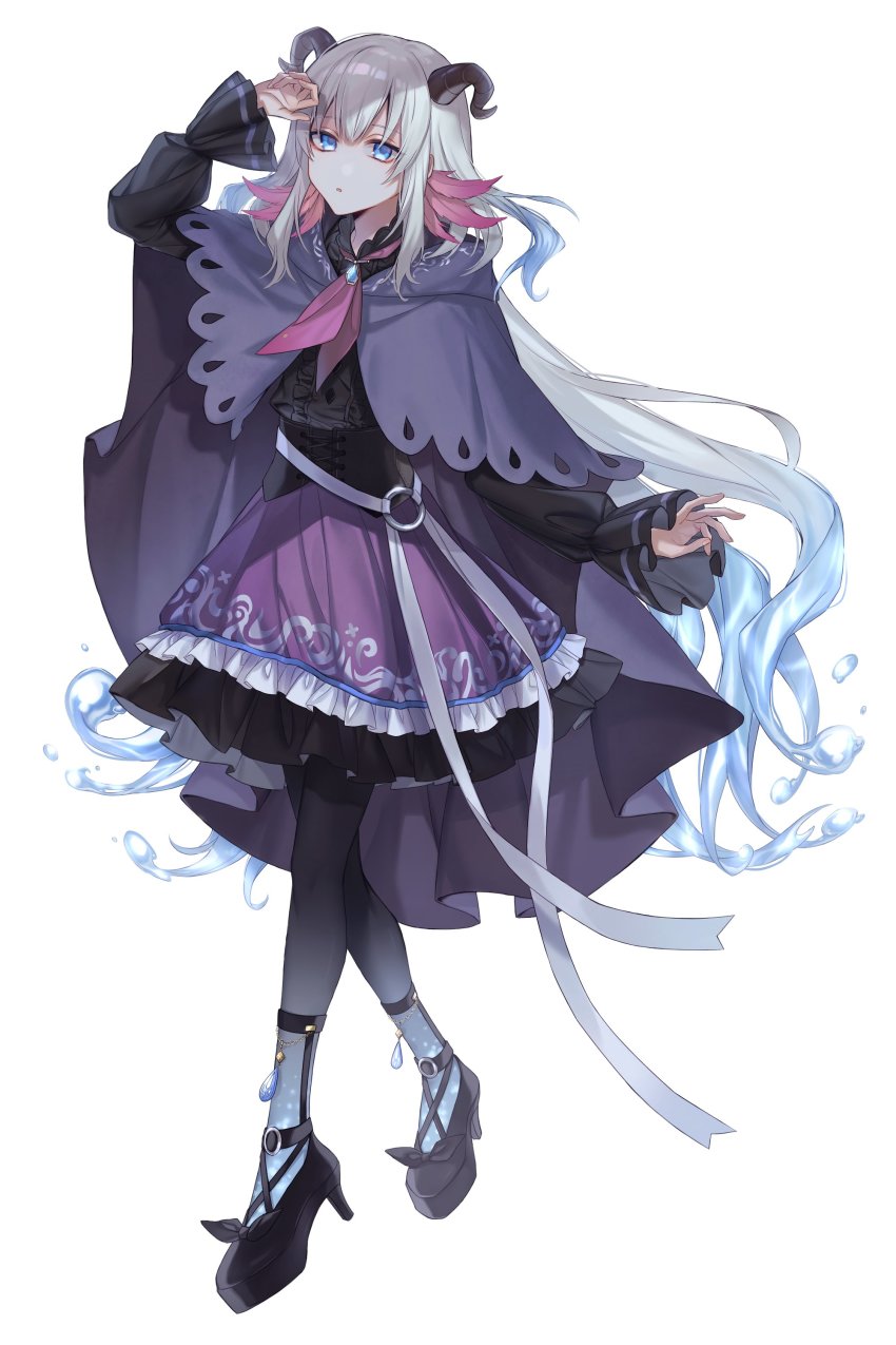 1girl, :o, absurdres, axolotl, black_footwear, black_shirt, blue_eyes, blue_hair, boku_no_ashiato_kimi_no_yukusaki_(project_sekai), cloak, gradient_hair, high_heels, highres, hood, hooded_cloak, horns, lee_on, liquid_hair, long_hair, lower_(vocaloid), multicolored_hair, nijisanji, nijisanji_kr, nimura_nio, open_hand, open_mouth, pantyhose, purple_cloak, purple_skirt, second-party_source, shirt, skirt, solo, very_long_hair, virtual_youtuber, vocaloid