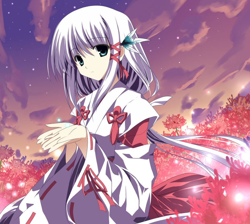 1girl, bad_id, bad_pixiv_id, female_focus, field, flower, green_eyes, hair_ribbon, japanese_clothes, long_hair, miko, mizukagami_(company), nami_(tousui_kitan), purple_hair, red_flower, ribbon, solo, spider_lily, star_(sky), tousui_kitan, yuu_yamiyo