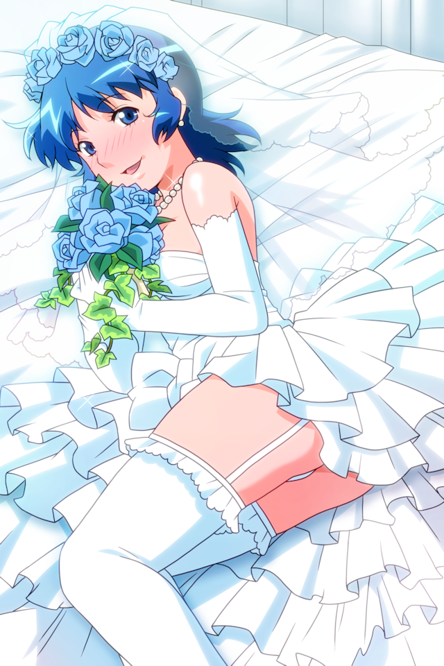 1girl, bead_necklace, beads, blue_eyes, blue_hair, blush, bouquet, dress