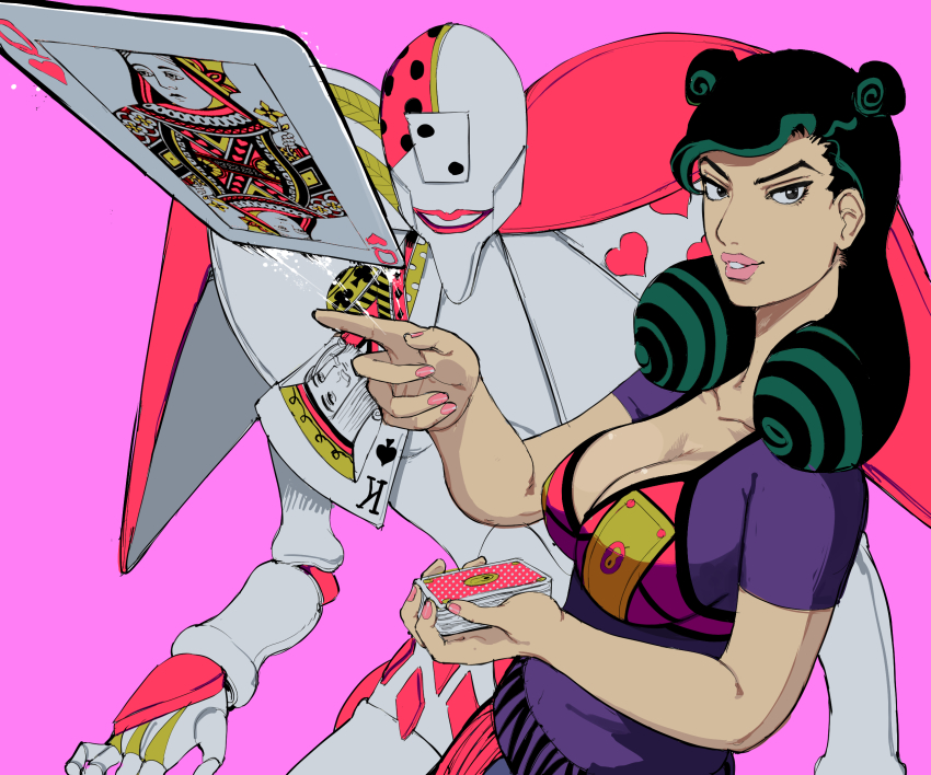 1girl, black_hair, breasts, card, cleavage, collarbone, giganticbuddha, green_hair, higashikata_kato, highres, jojo_no_kimyou_na_bouken, jojolion, large_breasts, multicolored_hair, parted_lips, pink_background, pink_lips, playing_card, space_trucking_(stand), stand_(jojo), two-tone_hair