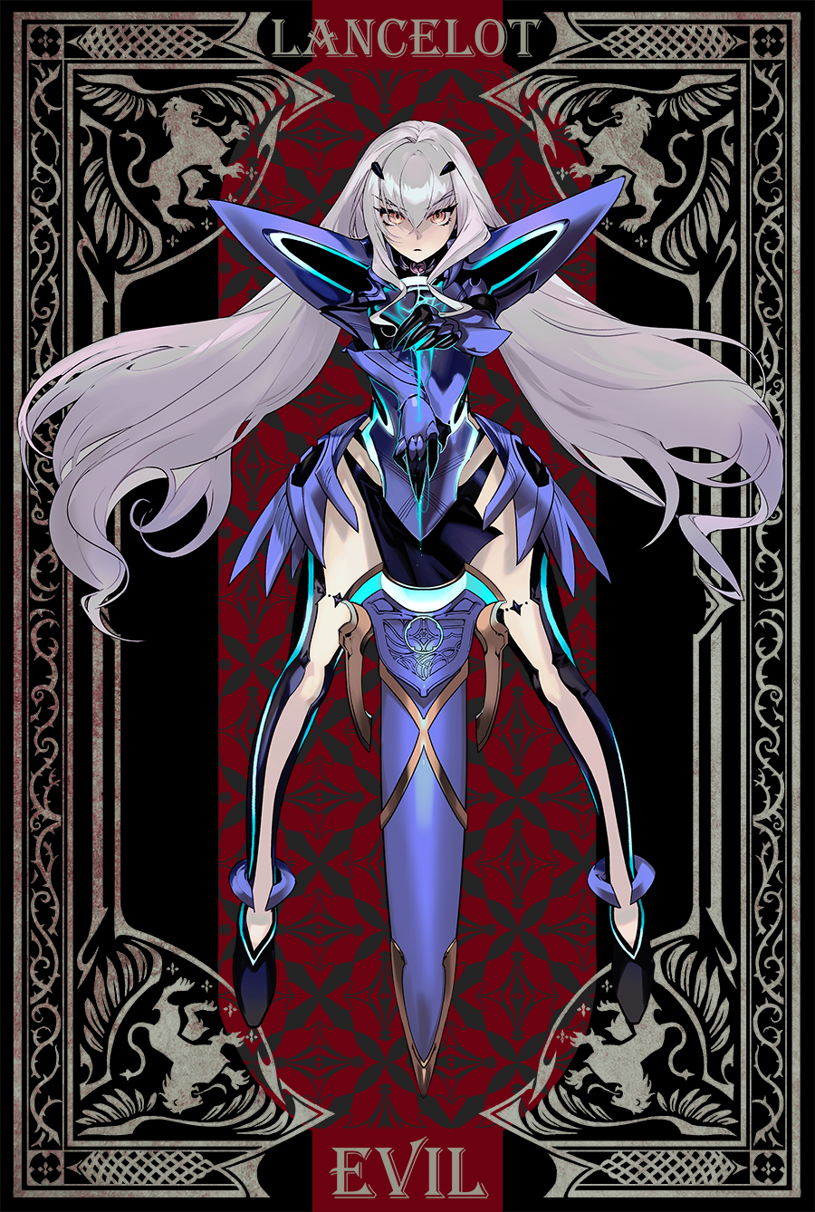 1girl, :|, armor, breasts, brown_eyes, closed_mouth, commentary, english_commentary, expressionless, melusine_(fate), melusine_(first_ascension)_(fate), fate/grand_order, fate_(series), full_body, highres, holding, holding_sword, holding_weapon, kaifei_(kaifei_29), long_hair, looking_at_viewer, sidelocks, small_breasts, solo, sword, text_background, thighs, weapon, white_hair