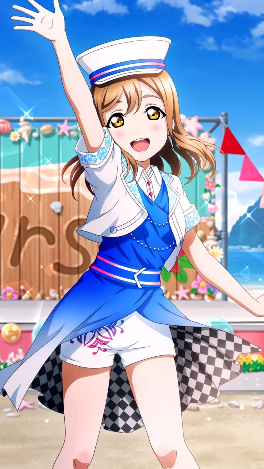 1girl, artist_name, artist_request, bare_legs, blue_dress, blue_sky, blush, breasts, brown_eyes, brown_hair, close-up, cloud, coattails, collared_shirt, cropped_jacket, day, dress, dress_shirt, earrings, female_focus, floating_hair, flower_print, hair_between_eyes, hand_wave, hat, highres, jacket, jewelry, kunikida_hanamaru, let's_go_wonder_trip, light_brown_hair, long_hair, looking_at_viewer, love_live!, love_live!_school_idol_festival, love_live!_sunshine!!, mountain, outdoors, parted_lips, peaked_cap, shirt, shirt_under_dress, short_shorts, short_sleeves, shorts, shorts_under_dress, sky, small_breasts, smile, smile_smile_ship_start!!, solo, sparkle, stage, star_(symbol), star_print, tailcoat, wavy_hair, white_jacket, white_shorts, wing_collar, yellow_eyes