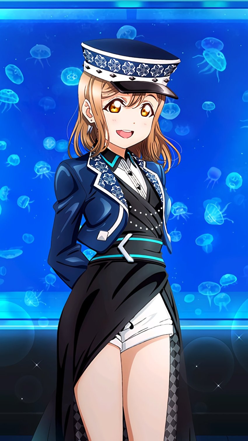 1girl, arms_behind_back, artist_name, artist_request, bare_legs, black_corset, black_dress, blue_hat