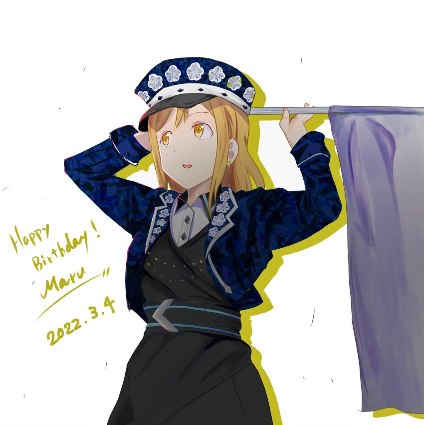 1girl, artist_name, artist_request, black_corset, black_dress, black_gloves, blue_hat, blue_jacket