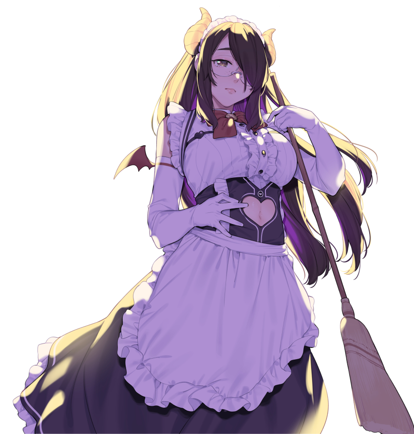 1girl, absurdres, apron, black_dress, black_hair, bow, bowtie, breasts