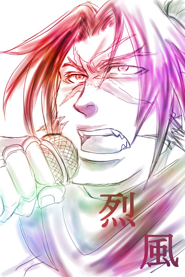 1boy, arc_system_works, blazblue, lady-killer, male_focus, manly, microphone, music, ninja, scar, shishigami_bang, singing, solo, translation_request