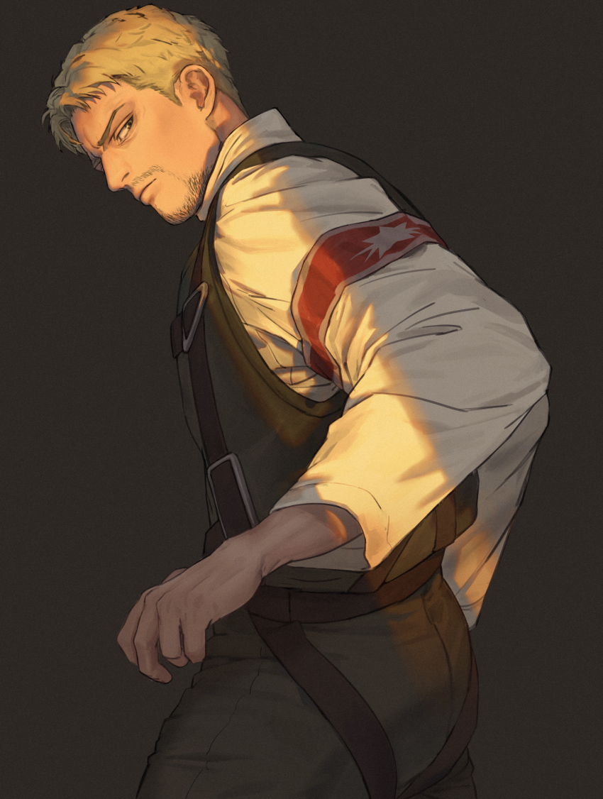 1boy, absurdres, armband, artbyshinji, beard, black_background, black_eyes, black_pants