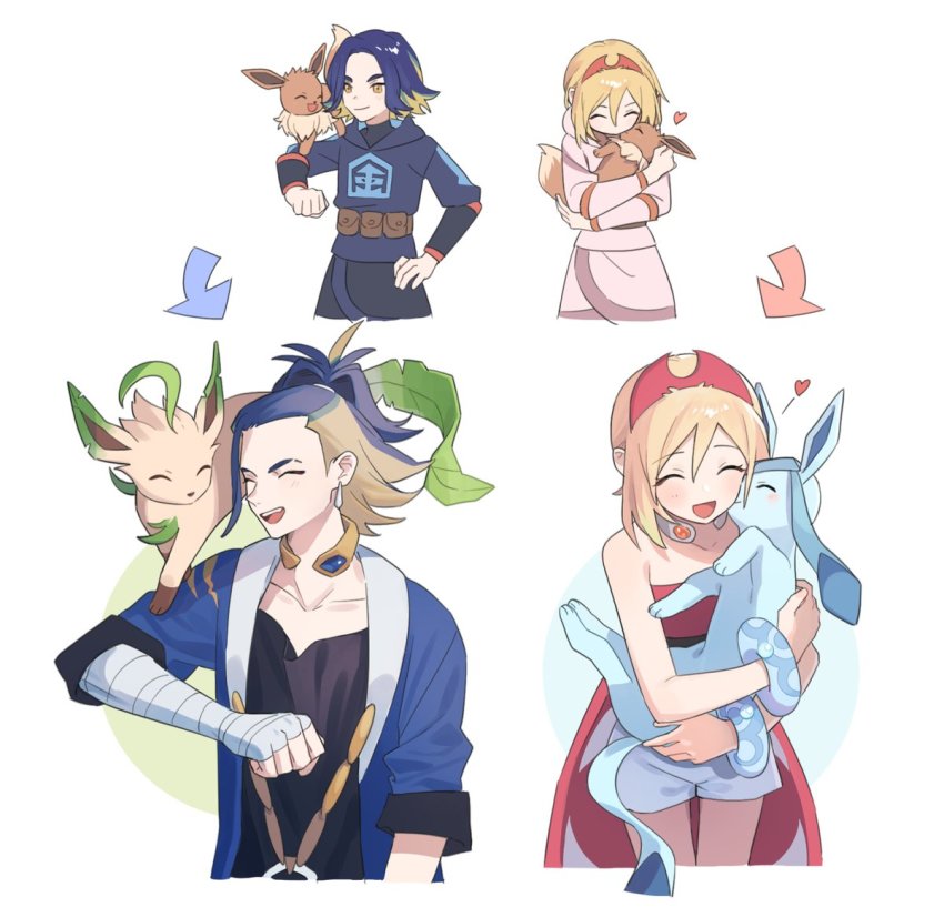 1boy, 1girl, :d, adaman_(pokemon), affectionate, aged_down, arrow_(symbol), black_skirt