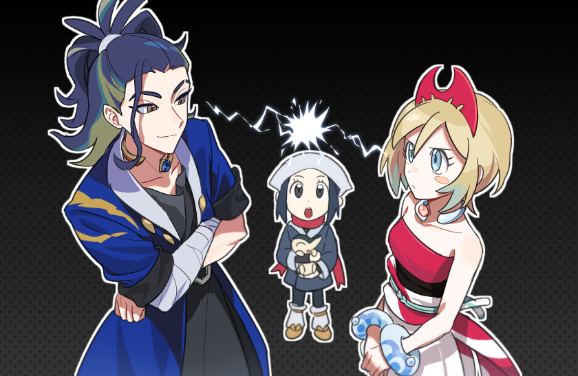 1boy, 2girls, adaman_(pokemon), akari_(pokemon), blonde_hair, blue_coat, bracelet, brown_eyes, brown_footwear, cheese_(yongggam), closed_mouth, coat, collar, collarbone, commentary, crossed_arms, cyndaquil, eyebrow_cut, gen_2_pokemon, glaring, hairband, headscarf, irida_(pokemon), jacket, jewelry, loose_socks, multiple_girls, nintendo, outline, pantyhose, pokemon, pokemon_(creature), pokemon_legends:_arceus, ponytail, red_hairband, red_shirt, sash, shirt, shoes, short_hair, shorts, skirt, smile, socks, split_mouth, strapless, strapless_shirt, waist_cape, white_headscarf, white_shorts