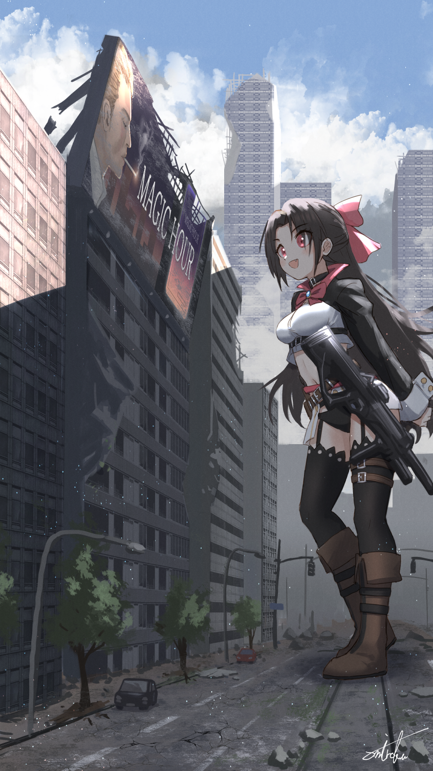 1girl, :d, beretta_cx4_storm, black_hair, black_panties, black_thighhighs, blue_sky, boots