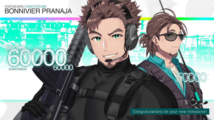 1boy, beard, black_bodysuit, black_vest, blue_shirt, bodysuit, bonnivier_pranaja, brown_hair