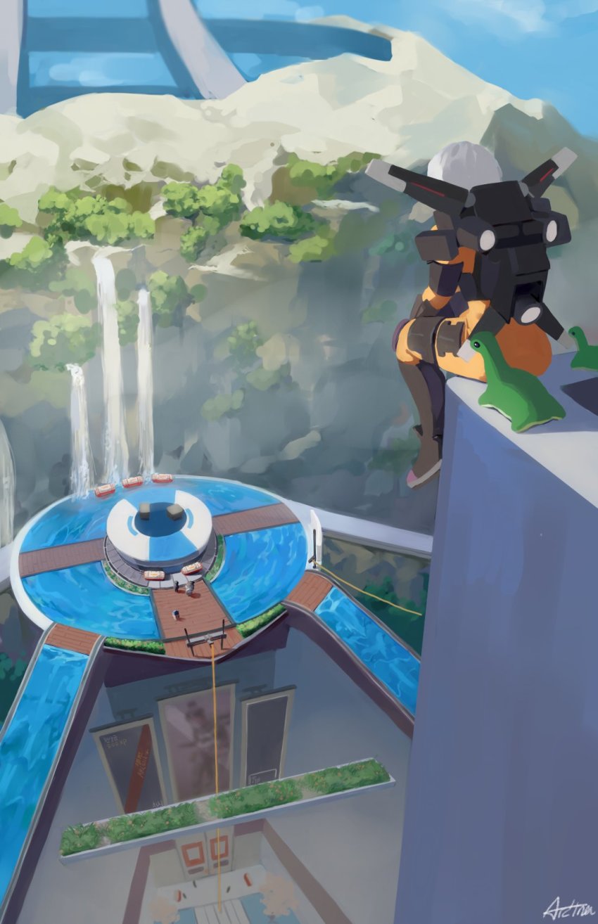 1girl, apex_legends, arc4na, building, cloud, commentary, english_commentary, gibraltar_(apex_legends)