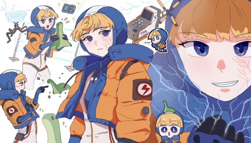 1girl, animification, apex_legends, arc4na, blonde_hair, blue_bodysuit, blue_headwear, blush