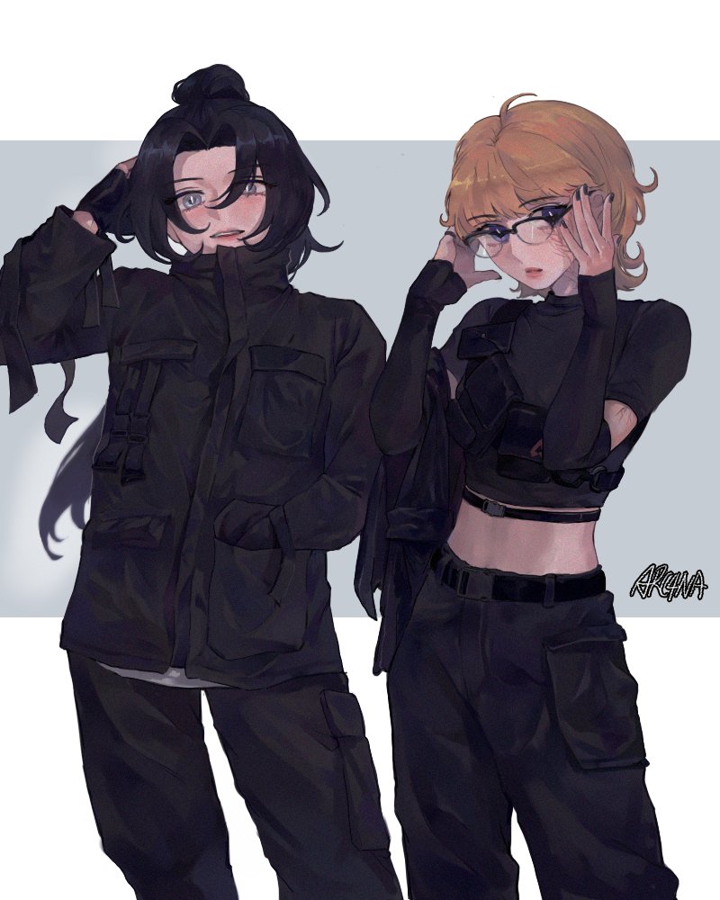 2girls, alternate_costume, animification, apex_legends, arc4na, arm_warmers, artist_name, belt