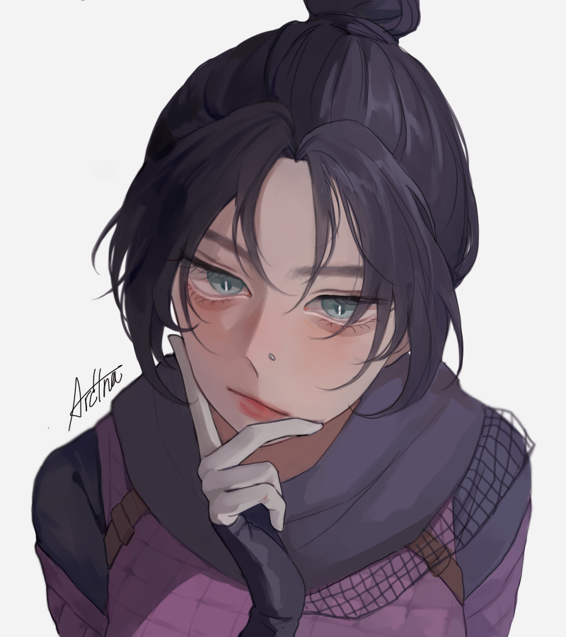 1girl, animification, apex_legends, arc4na, black_gloves, black_hair, blue_eyes, blush, bodysuit, eyebrows_hidden_by_hair, face_piercing, gloves, grey_background, grey_scarf, hair_bun, looking_at_viewer, nose_piercing, parted_bangs, piercing, portrait, purple_bodysuit, scarf, signature, single_hair_bun, solo, wraith_(apex_legends)