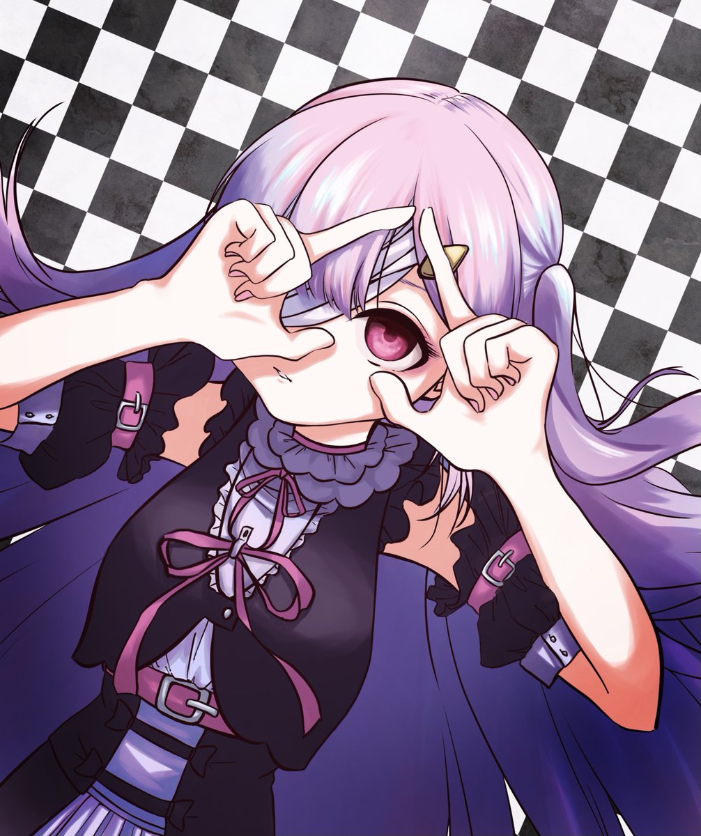 1girl, amano_oto, belt, black_shirt, bow, bowtie, checkered_background, hair_ornament, hair_over_one_eye, hairclip, highres, indie_virtual_youtuber, long_hair, looking_at_viewer, one_eye_covered, pale_skin, purple_eyes, purple_hair, puteranodondon6, ribbon, shirt, sleeveless, solo, vest, virtual_youtuber, white_shirt