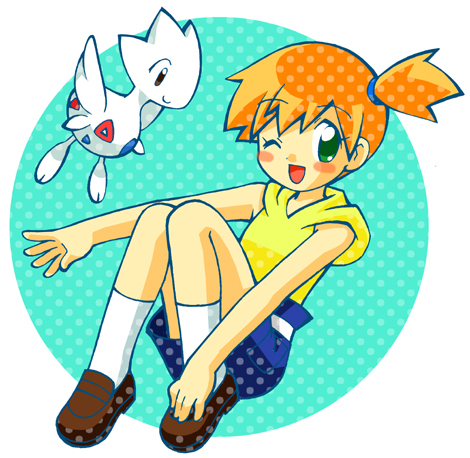 1girl, akitsu_aosa, alternate_costume, blush_stickers, gen_2_pokemon, green_eyes, hood, hoodie, loafers, lowres, michikusa, misty_(pokemon), nintendo, one_eye_closed, open_mouth, outstretched_arms, outstretched_hand, pokemon, pokemon_(anime), pokemon_(classic_anime), pokemon_(creature), pokemon_hs16, polka_dot, reaching, red_hair, shoes, side_ponytail, sitting, sleeveless, sleeveless_hoodie, smile, socks, togetic, wink