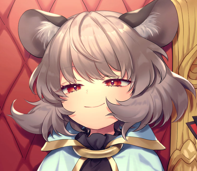 1girl, animal_ear_fluff, animal_ears, blush, closed_mouth, commentary_request, commission, eyelashes, gold_trim, grey_hair, mouse_ears, narrowed_eyes, nazrin, on_throne, portrait, red_eyes, short_hair, skeb_commission, smile, smug, solo, throne, tomobe_kinuko, touhou