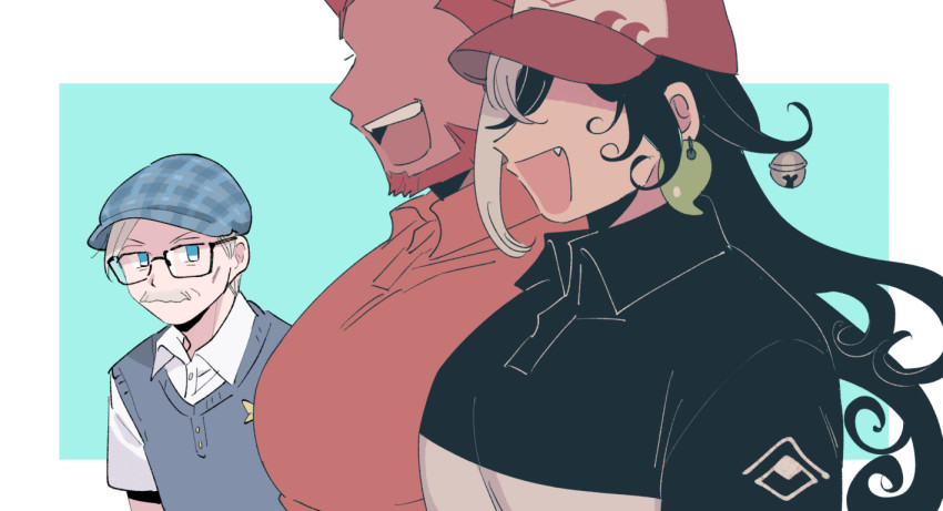 3boys, ashiya_douman_(fate), ashiya_douman_(power_shot)_(fate), beard, black-framed_eyewear, black_hair, character_request, curly_hair, facial_hair, fang, fate/grand_order, fate_(series), from_side, girl_staring_at_guy's_chest_(meme), glasses, hair_intakes, iskandar_(fate), iskandar_(power_shot)_(fate), james_moriarty_(archer)_(fate), james_moriarty_(power_shot)_(fate), large_pectorals, looking_at_another, male_focus, meme, multicolored_hair, multiple_boys, muscle_envy, muscular, muscular_male, mustache, no_eyes, official_alternate_costume, old, old_man, oneroom-disco, pectoral_focus, pectorals, red_hair, short_hair, two-tone_hair, upper_body, white_hair