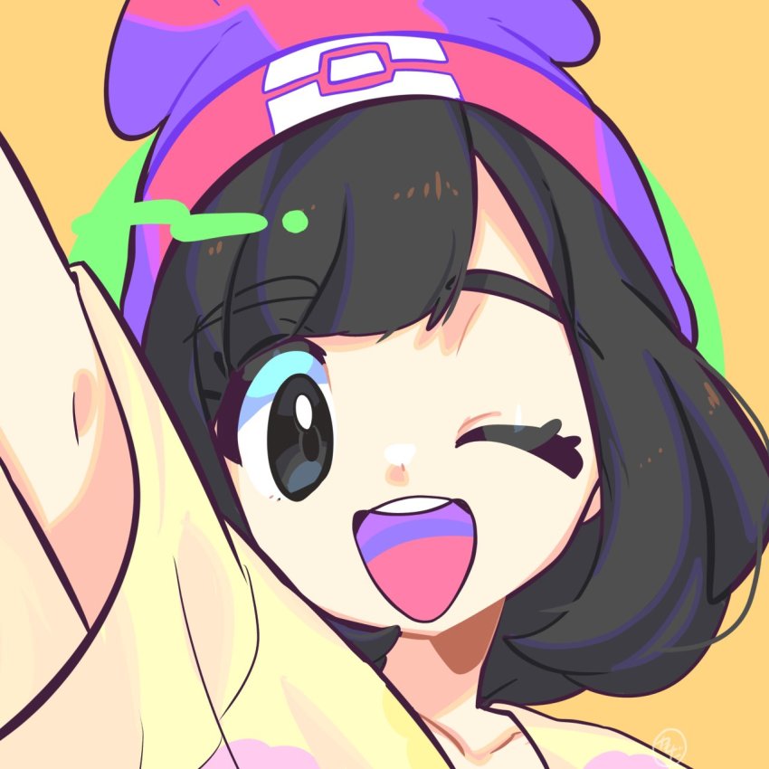 1girl, ;d, arm_up, beanie, black_eyes, commentary, eyelashes, hat