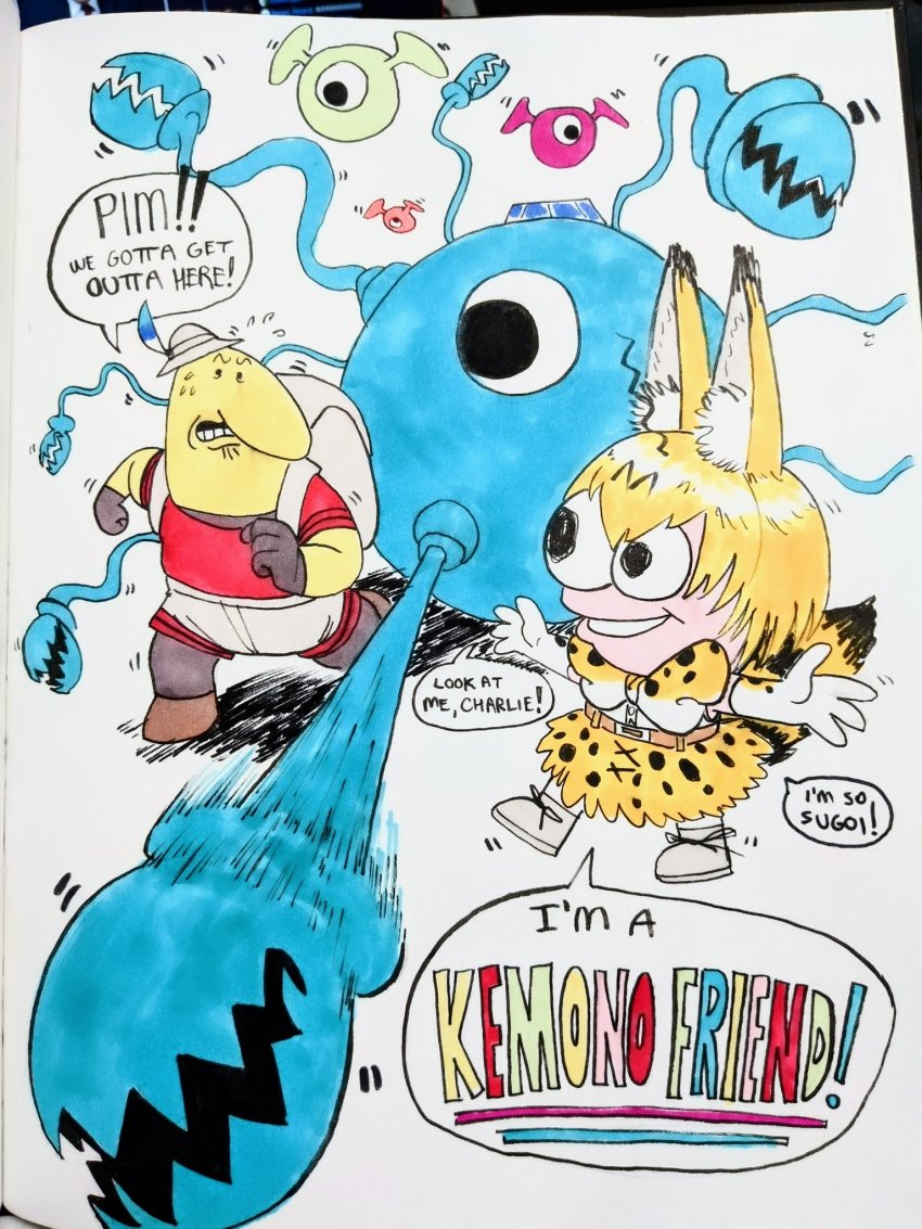 !, !!, 2boys, animal_ear_fluff, animal_ears, animal_print, attack, backpack