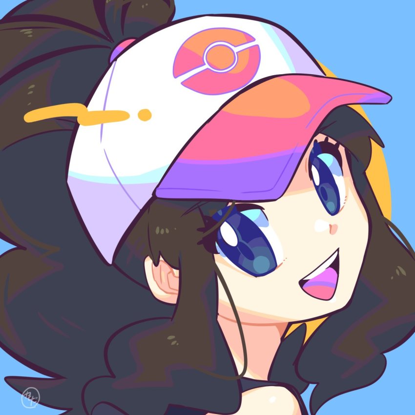 1girl, :d, baseball_cap, black_vest, blue_background, blue_eyes, brown_hair, commentary, eyelashes, hat, high_ponytail, highres, hilda_(pokemon), kamota_kamosuke, long_hair, nintendo, open_mouth, pokemon, pokemon_black_and_white, ponytail, portrait, sidelocks, smile, solo, teeth, tongue, upper_teeth_only, vest