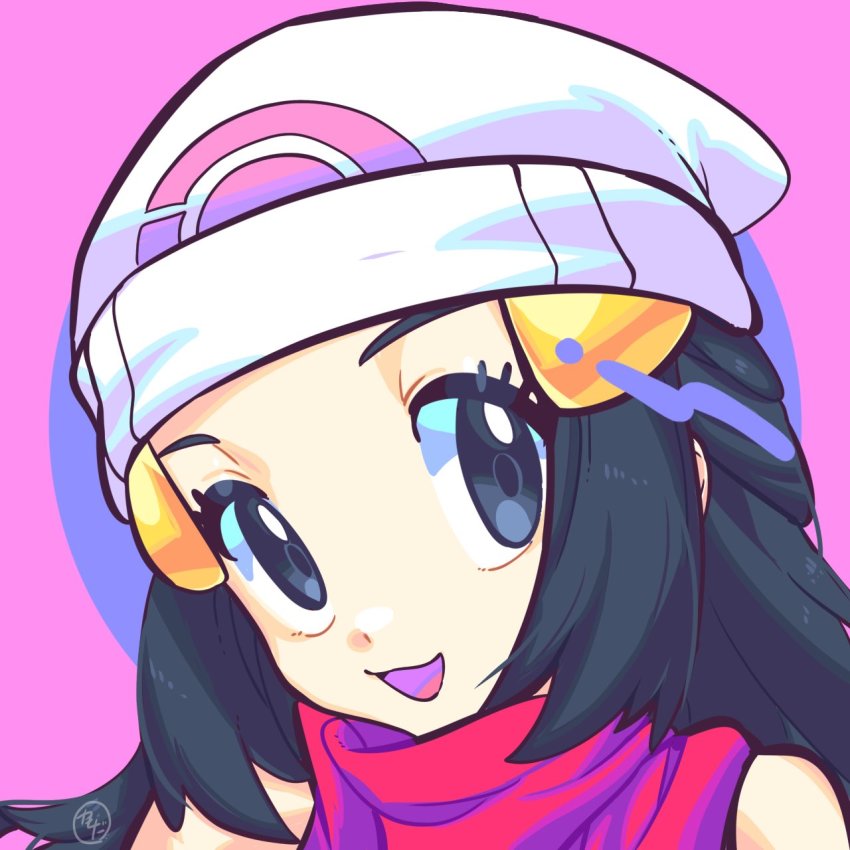 1girl, :d, beanie, black_hair, commentary, dawn_(pokemon), grey_eyes, hair_ornament