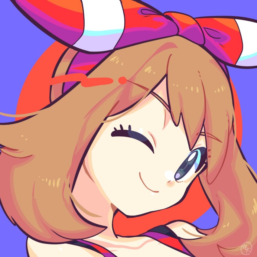 1girl, bow_hairband, brown_hair, closed_mouth, commentary, eyelashes, grey_eyes, hairband, head_tilt, highres, kamota_kamosuke, may_(pokemon), medium_hair, nintendo, one_eye_closed, pokemon, pokemon_omega_ruby_and_alpha_sapphire, portrait, purple_background, purple_hairband, red_shirt, shirt, sleeveless, sleeveless_shirt, smile, solo