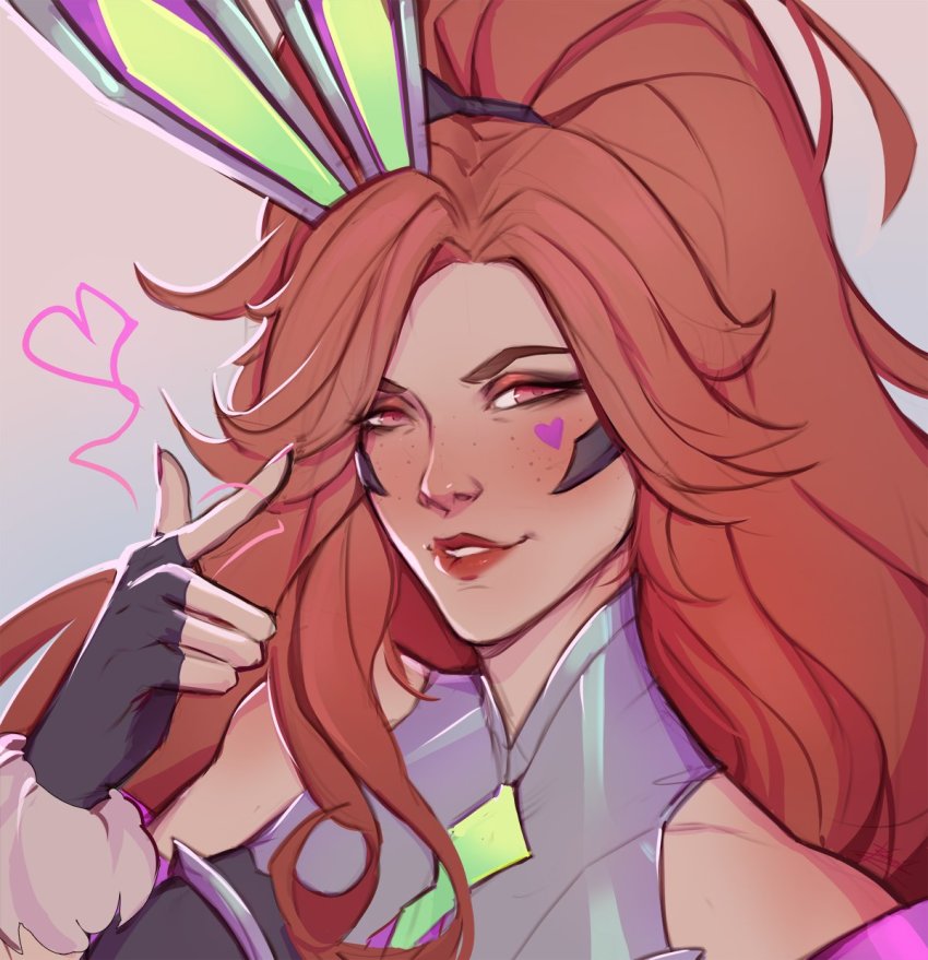 1girl, animal_ears, bare_shoulders, battle_bunny_miss_fortune, birmit, black_gloves, fake_animal_ears, fingerless_gloves