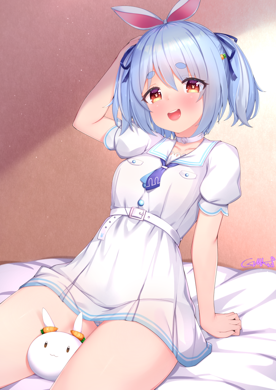 1girl, arm_support, belt, blue_hair, blue_necktie, blue_ribbon, blush, dress, gmkj, hair_ribbon, hairband, highres, hololive, hololive_fantasy, looking_at_viewer, necktie, open_mouth, puffy_short_sleeves, puffy_sleeves, rabbit-shaped_pupils, ribbon, short_hair, short_sleeves, sitting, smile, symbol-shaped_pupils, teeth, thick_eyebrows, thighs, twintails, upper_teeth_only, usada_pekora, usada_pekora_(casual), virtual_youtuber, white_belt, white_dress, white_hairband