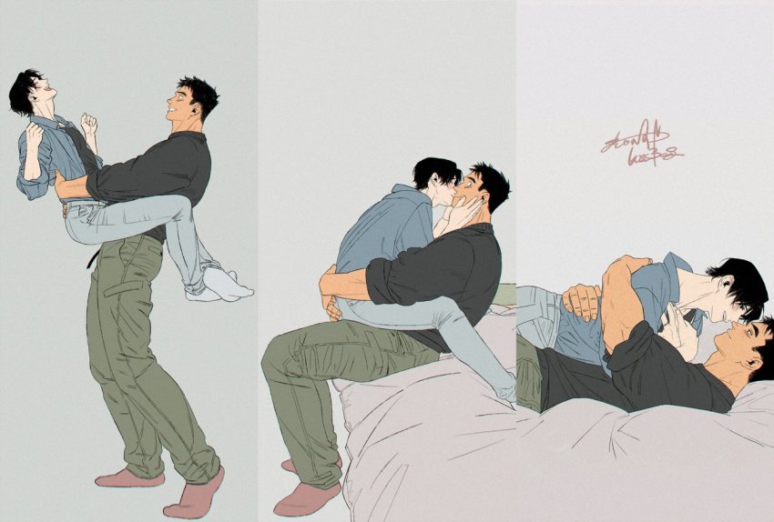 2boys, artist_name, bara, bed, black_hair, blush, couple, eye_contact