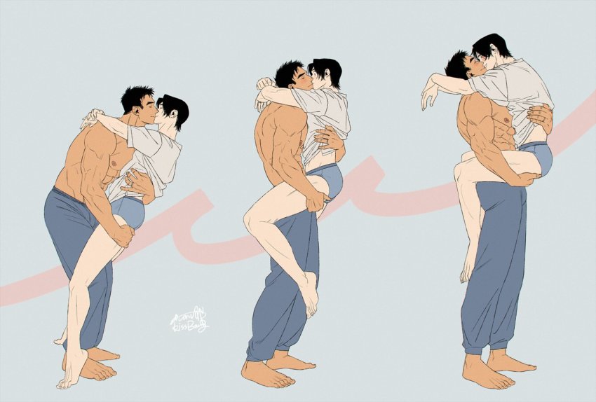 2boys, abs, artist_name, bara, biceps, blush, couple, grabbing, hug, jewelry, kashikahaya, kiss, large_pectorals, lifting_another's_clothes, lifting_person, male_focus, multiple_boys, muscular, muscular_male, nipples, no_pants, original, pectorals, ring, sideburns, smile, topless_male, underwear, yaoi