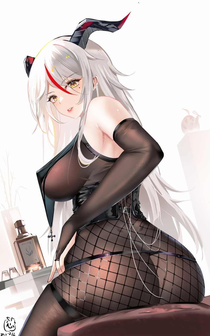 1girl, absurdres, aegir_(azur_lane), ass, azur_lane, bodystocking, breast_curtains, breasts, bridal_gauntlets, cross, demon_horns, elbow_gloves, fishnets, from_behind, gloves, highres, horns, iron_cross, large_breasts, long_hair, looking_at_viewer, manjuu_(azur_lane), multicolored_hair, red_hair, sabou_san-shitsu_kokoro, solo, streaked_hair, two-tone_hair, underbust, white_hair, yellow_eyes